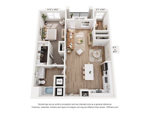 Floor plan for 1 bed, 1 bath, 1070 sqft